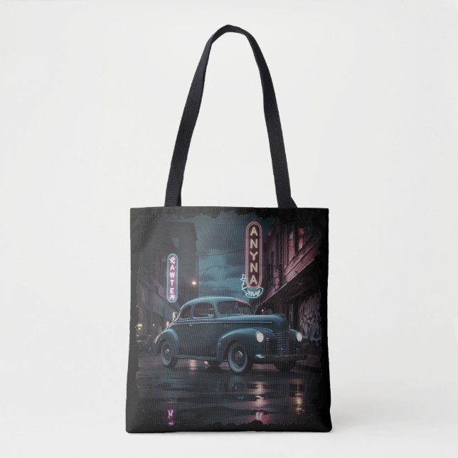 Vintage 1940s Classic Car Under Neon Lights Tygkasse (Framsida)