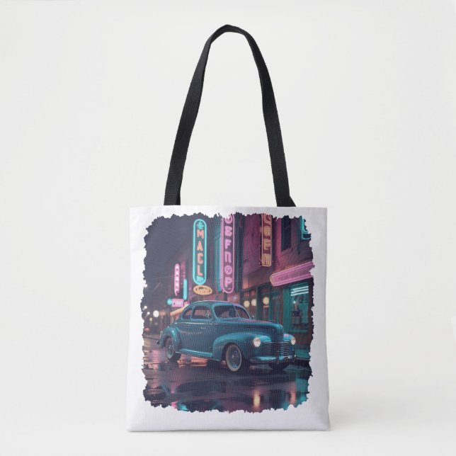 Vintage 1940s Classic Car Under Neon Lights Tygkasse (Framsida)