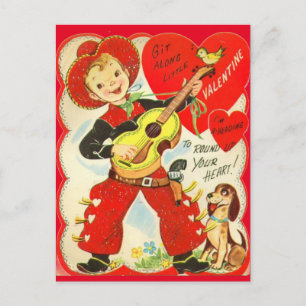 Vintage 1950-talets Cowboy & Guitar Valentine Post Vykort