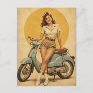 Vintage 1950-tals Pin-Up-Flicka på Retro Blå Moped Vykort
