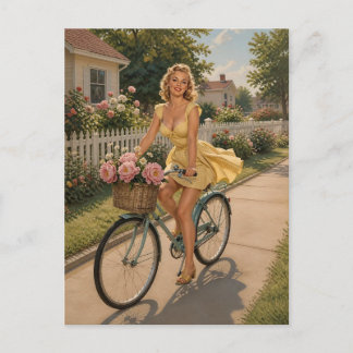 Vintage 1950-tals Pinup-flicka på cykel Vykort