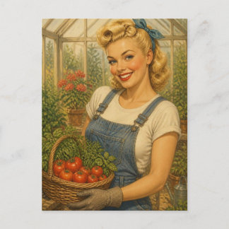 Vintage 1950-tals Pinup Trädgårdstjej Födelsedag Vykort