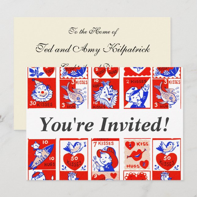 Vintage 1950-tals Valentine-stämpelmönster Retro K Inbjudningar (Fram/baksida)
