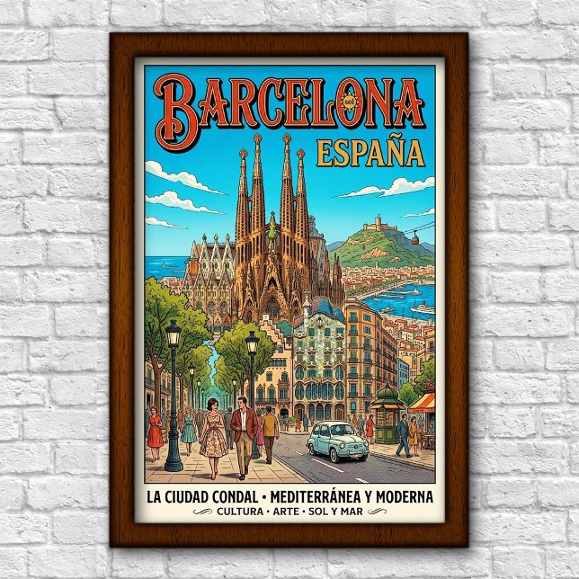Vintage 1960-tal Barcelona, Spanien Resaaffisch Poster (Skapare uppladdad)