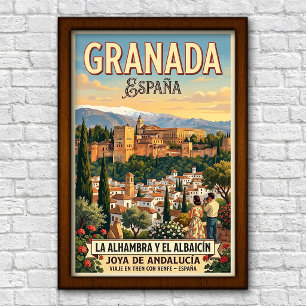 Vintage 1960-tal Granada, Spanien Resaaffisch Poster