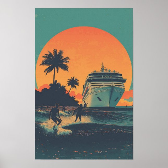 Vintage 1970s Kryssningsfartyg Solnedgång Poster – (Framsidan)
