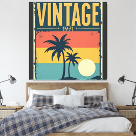 Vintage 1971 Tropical Sunset Handflatan Träd Retro Canvastryck