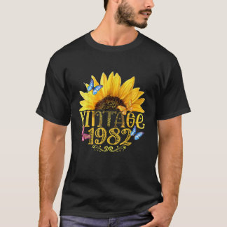 Vintage 1982 Solrosblommor Blommigt Butterfly Funn T Shirt