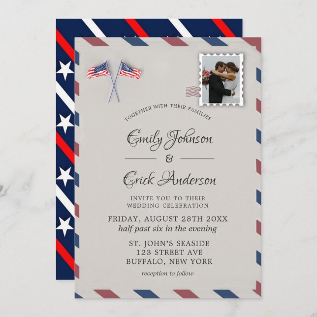 Vintage 4:e juli - inbjudan till fotobröllop (Fram/baksida)