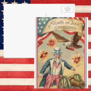 Vintage 4 juli Fireworks med farbror Sam Vykort