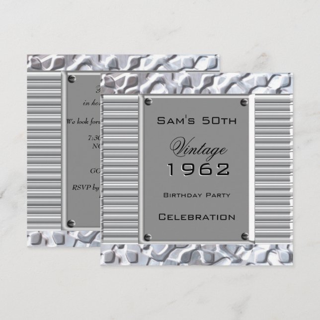 Vintage 50-års Silver Metall Utseende Födelsedagsf Inbjudningar (Fram/baksida)