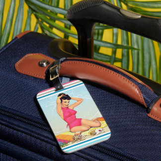 Vintage 50-tals strand pin up modell flicka konst bagagebricka
