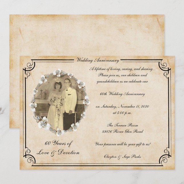 Vintage 60-årsjubileumsfirande inbjudningar (Fram/baksida)