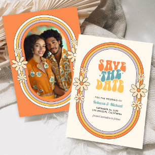 Vintage 70-tal Retro Färgglatt Groovy Foto Bröllop Spara Datumet