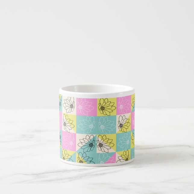 Vintage 70s Checkerboard Vår blommor Mönster Espressomugg (Framsidan)