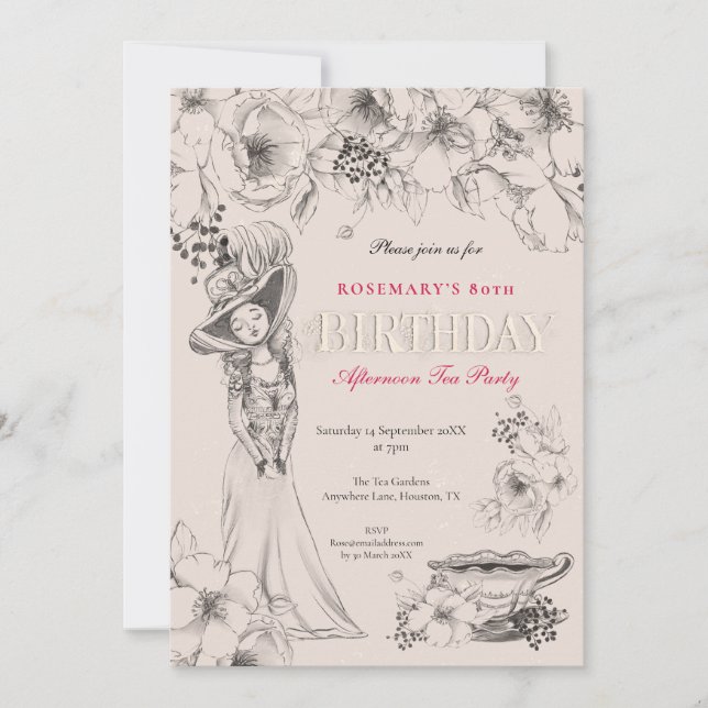 Vintage 80:e Födelsedagsfesten Eftermiddag Tea Inbjudningar (Framsida)