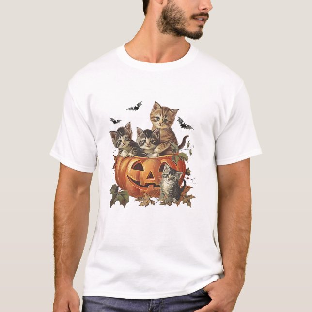 Vintage 90-tals Katt Halloween Pumpa T Shirt (Framsida)