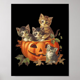 Vintage 90s Kat Retro Pumpkin Kittens Halloween Ca Poster