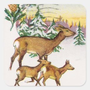 Vintage A Hjort och hus i God jul i Snö Fyrkantigt Klistermärke