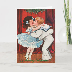 Vintage A Lycklig-julpojken Kiss Girl Kärlek Helgkort