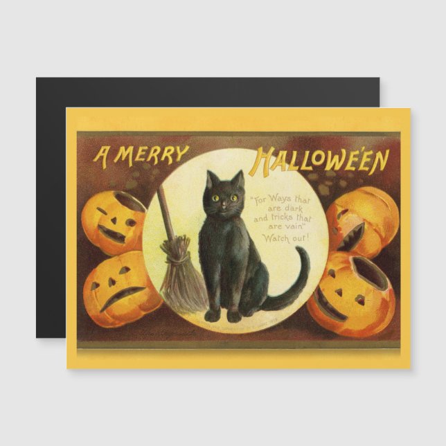 Vintage A Merry Halloween Black Cat Broom (Fram/baksida)