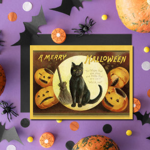 Vintage A Merry Halloween Black Cat Broom Julkort