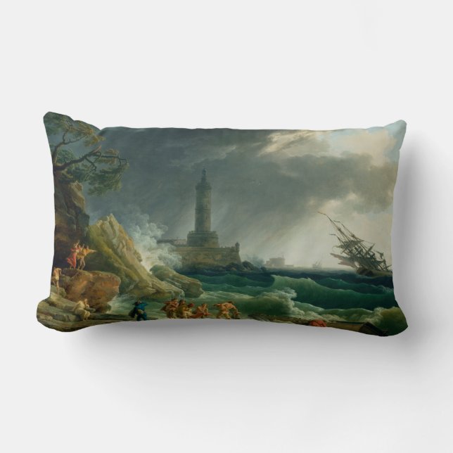 Vintage A Storm vid Medelhavet Kusten Lumbarkudde (Framsida)