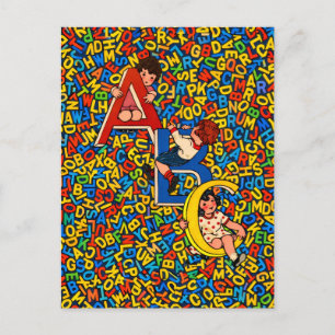 Vintage ABC Barnalfabetillustration Vykort