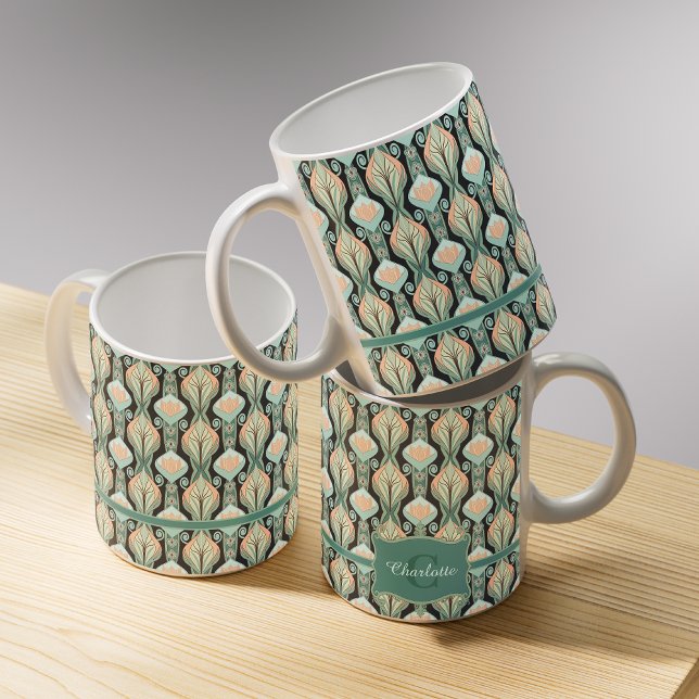 Vintage Abstrakt Botaniskt Monogram Blommönster Kaffemugg (Skapare uppladdad)
