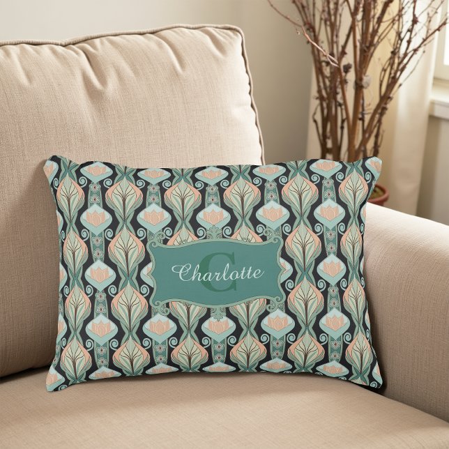 Vintage Abstrakt Botaniskt Monogramm Blommönster Prydnadskudde (Skapare uppladdad)