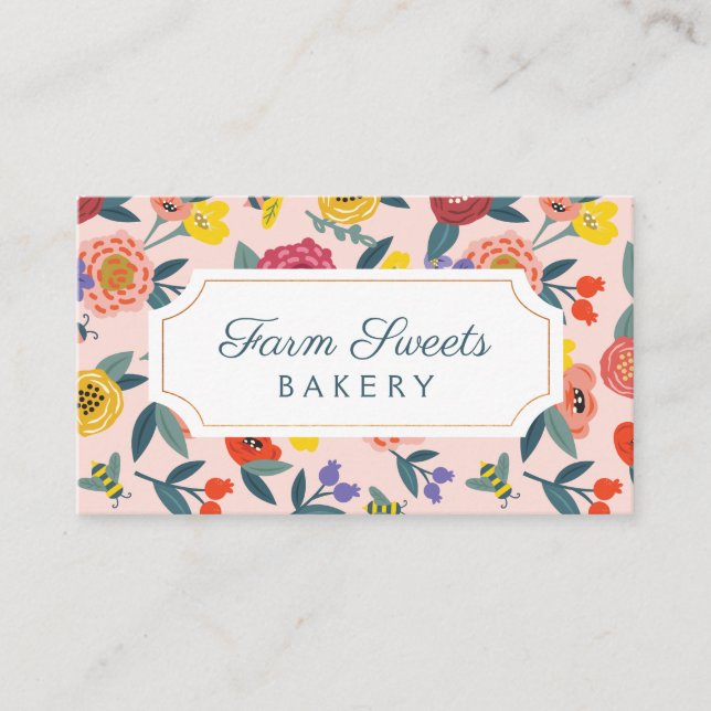 Vintage Abstrakt Wildblomma Foliage & Bees Mönster Visitkort (Framsida)