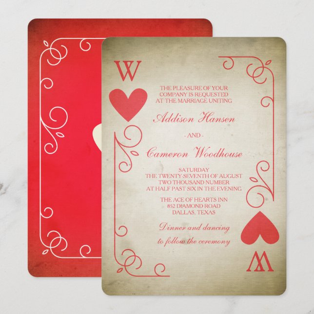 Vintage Ace of Hearts Bröllop Inbjudningar (Fram/baksida)