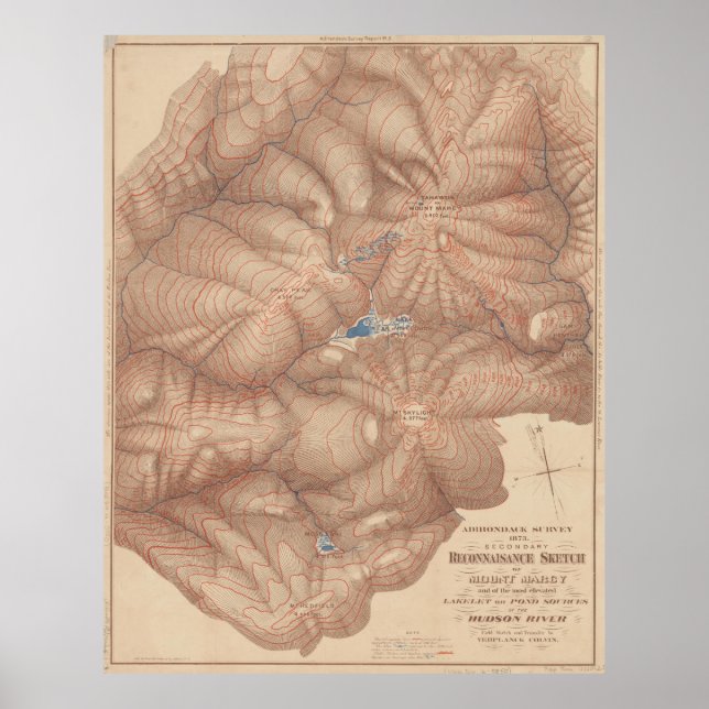 Vintage Adirondack Mountains Topography Karta (187 Poster (Framsidan)