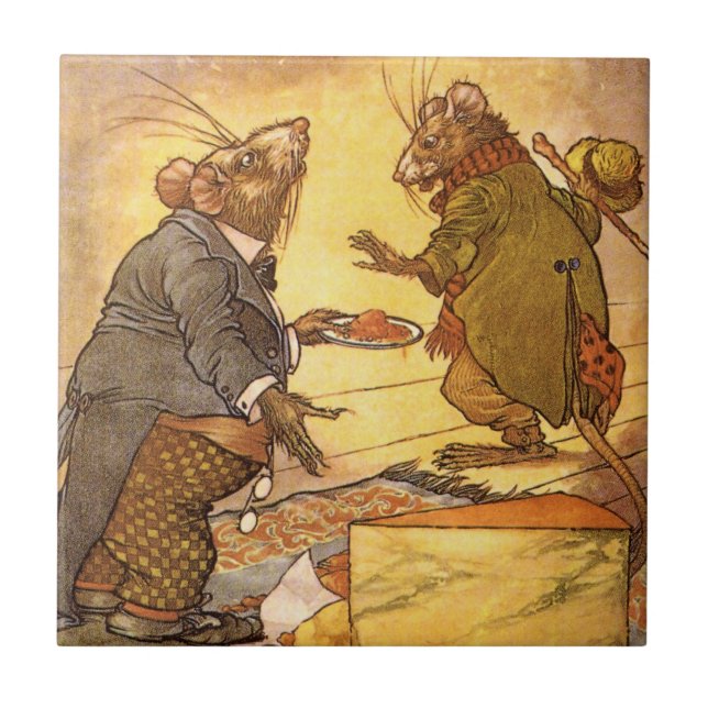 Vintage Aesops Fable, Land Mouse, City Mouse Kakelplatta (Framsidan)