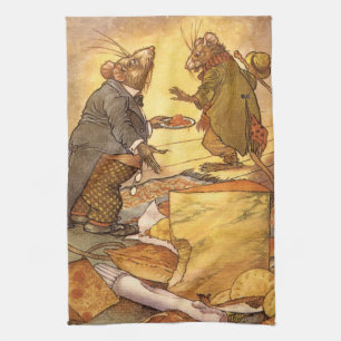Vintage Aesops Fable, Land Mouse, City Mouse Kökshandduk