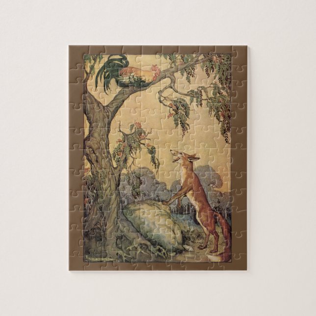 Vintage Aesops kablar, räv, Tupp och Hund Pussel (Vertikal)