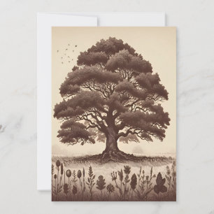 Vintage Aesthetic Oak Träd Line Teckning Julkort
