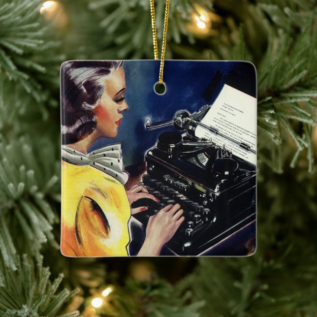 Vintage affärs direktörsekreterare skriver brev julgransprydnad keramik (Träd)