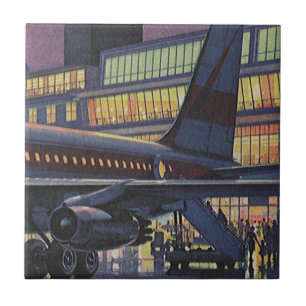 Vintage Affärspassagerare på flygplan på flygplats Kakelplatta