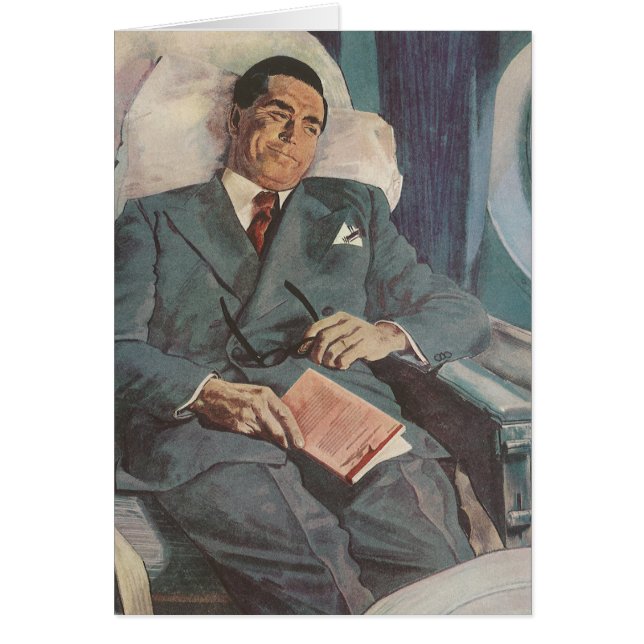 Vintage affärsresa, läsning på flygplanet hälsningskort (Framsidan)