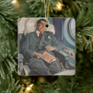 Vintage affärsresa, läsning på flygplanet julgransprydnad keramik