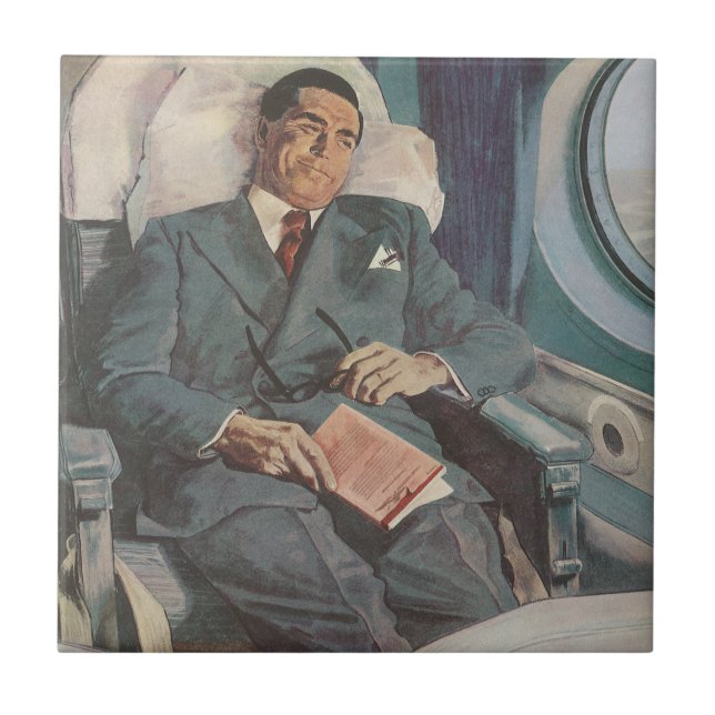 Vintage affärsresa, läsning på flygplanet kakelplatta (Framsidan)