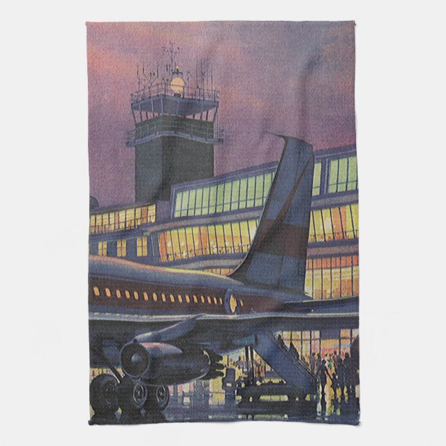 Vintage affärsresenärer på flygplan på flygplats kökshandduk (Vertikal)
