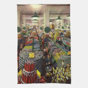 Vintage affärsupermarket, mat och dryck kökshandduk