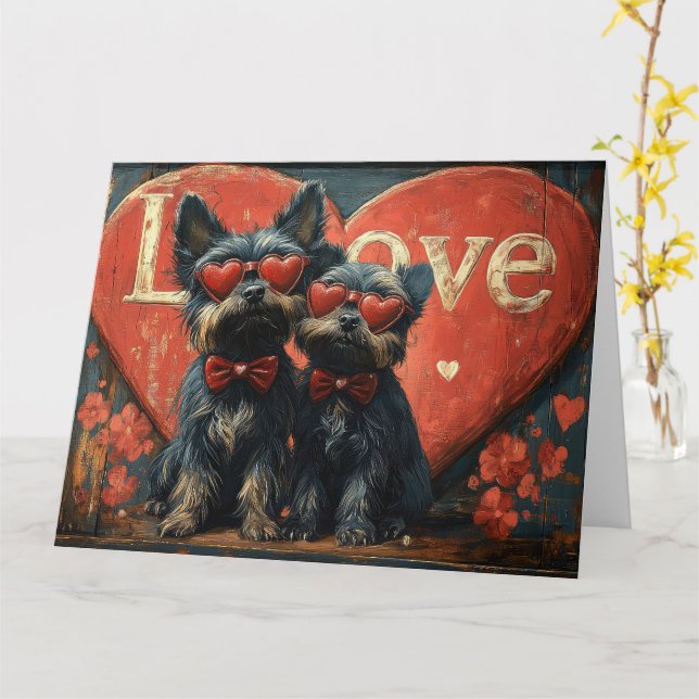 Vintage Affenpinscher Par kärlek - Retro Romance Kort (Gul blomma)