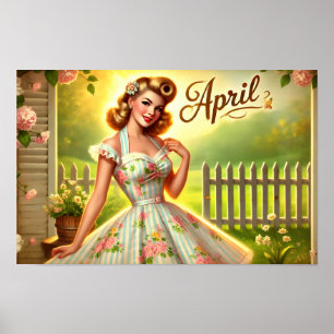Vintage Affisch April Pin-Up Vårträdgård