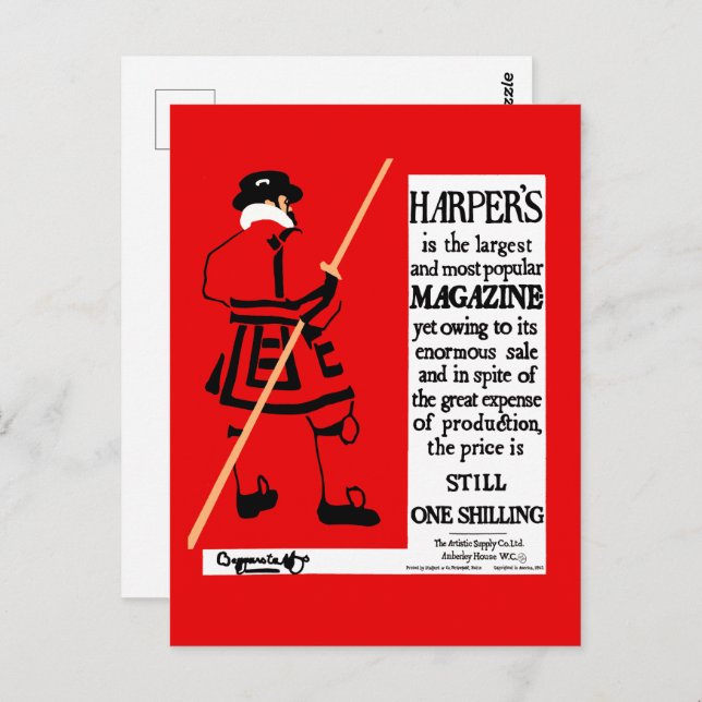 Vintage affisch Harper's Magazine Beefeater Vykort (Fram/baksida)