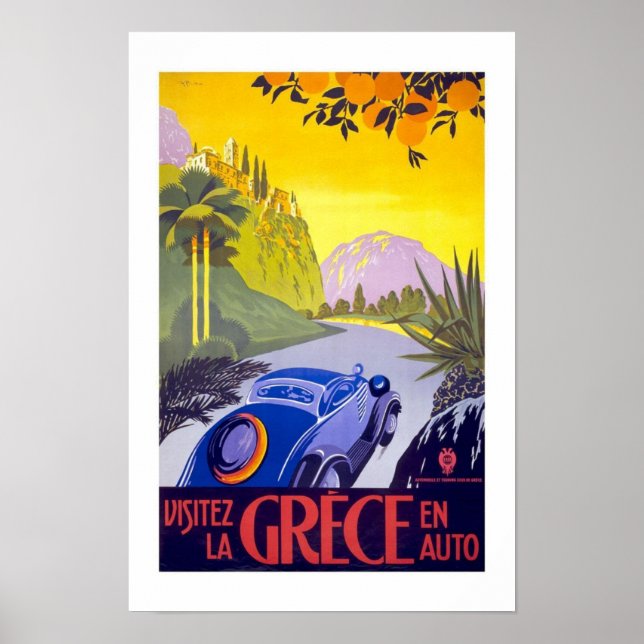 Vintage affisch-utskriftsbesök Grekland efter bil Poster (Framsidan)