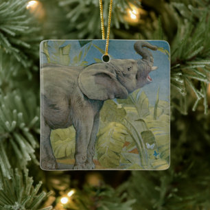 Vintage afrikansk elefant i djungeln, EJ Detmold Julgransprydnad Keramik