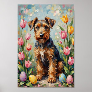 Vintage Airedale Terrier påskträdgårdskonst Poster